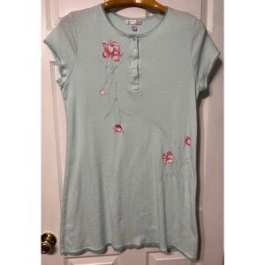 Carole Hochman Light Blue Floral Embroidered Henley Nightshirt Sleep Shirt Sz L